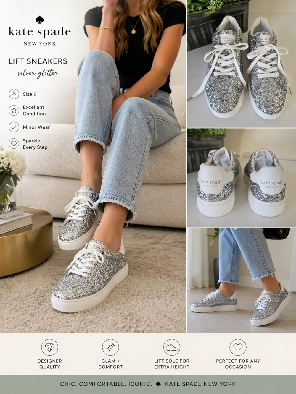 Kate Spade NY Lift Sneakers Silver Glitter Size 9 Sparkle Fashion Sneakers